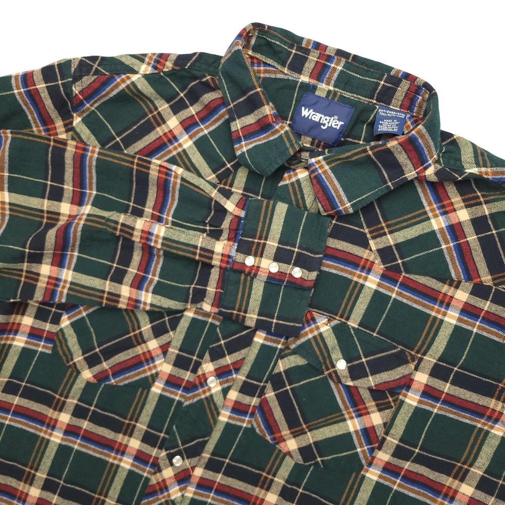 Wrangler Western Shirt Mens 2XLT Green Plaid Flannel Pearl Snap Tall Cowboy